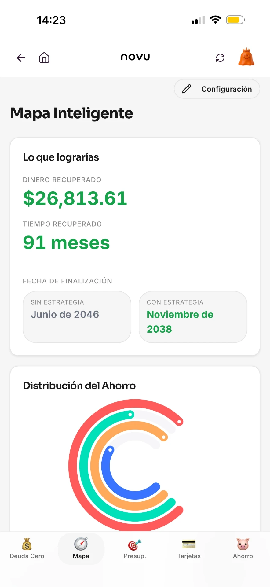 Pantalla del Mapa Inteligente de novu con la ruta de pago de deudas